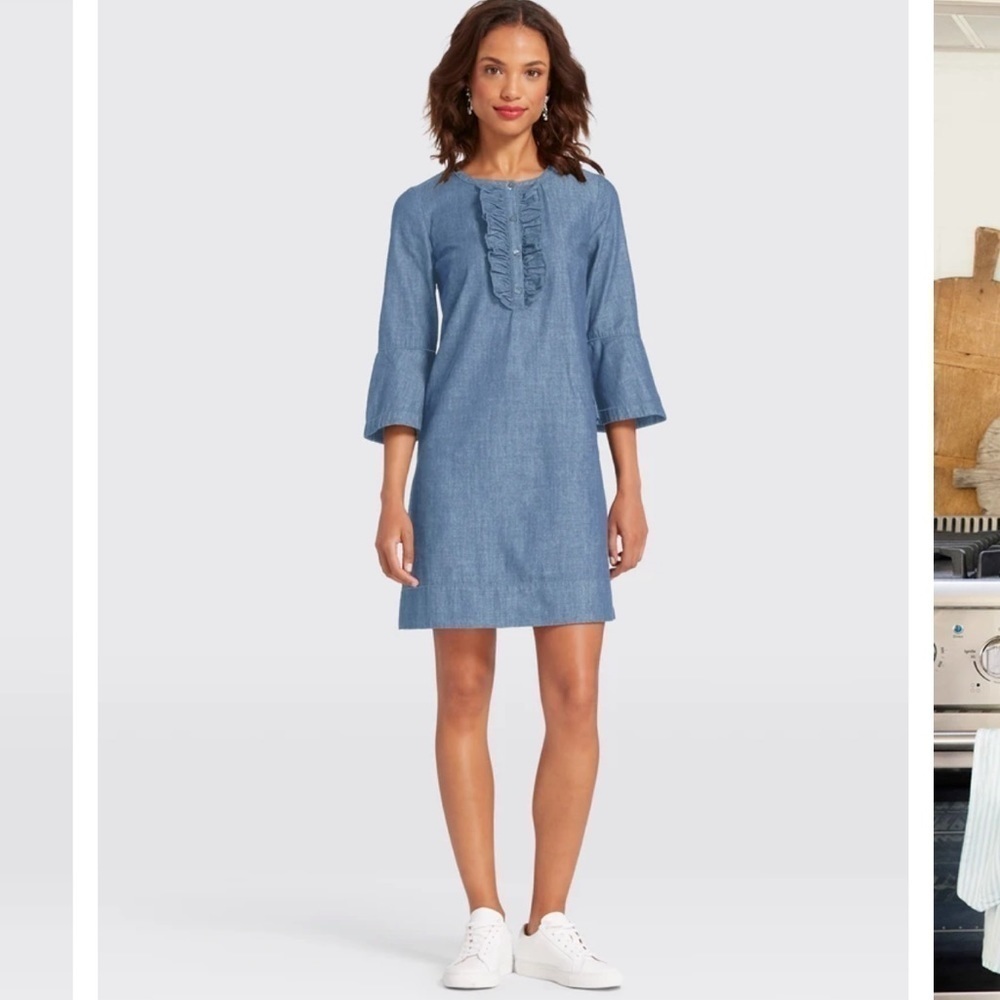 Draper James Ruffle Front Chambray Shift Dress, 8 - image 3
